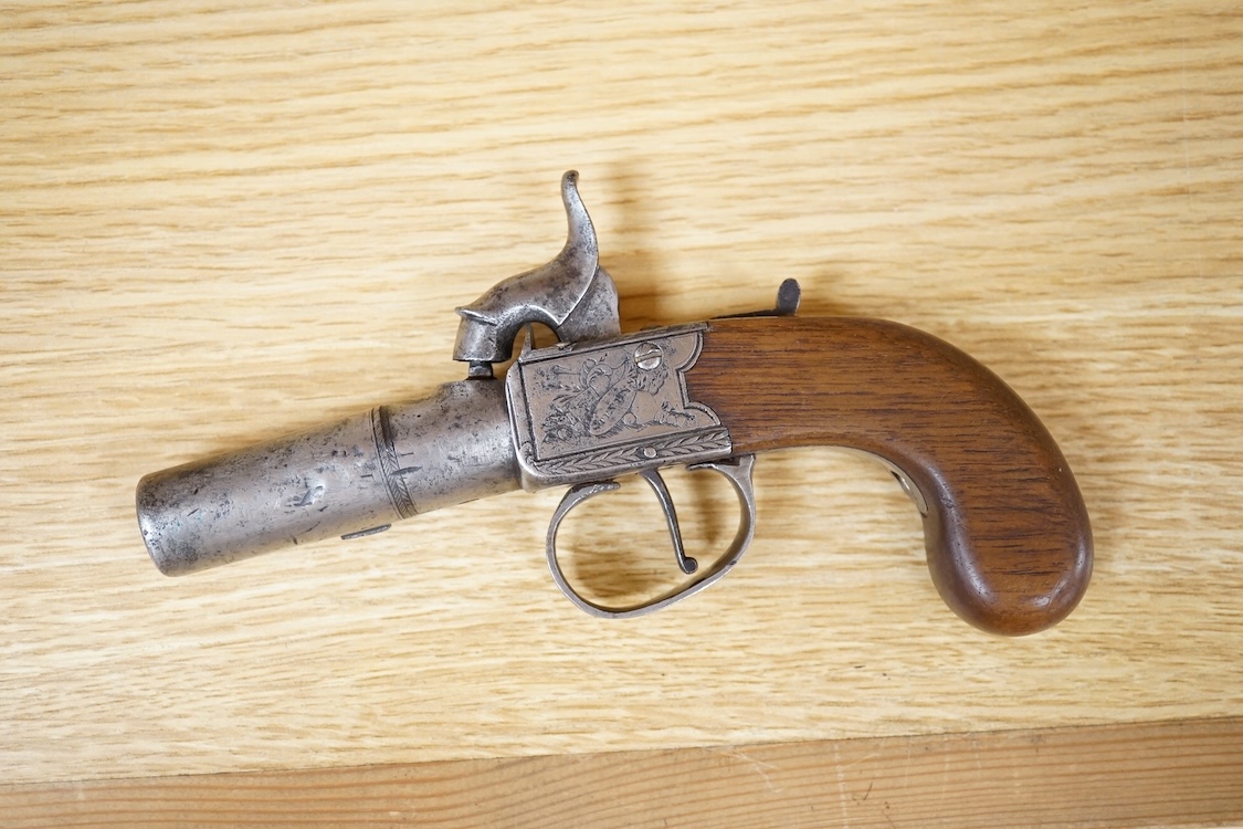A boxlock percussion pocket pistol with turn off barrel, liege proof, frame engraved; Stevens, Holborn, London